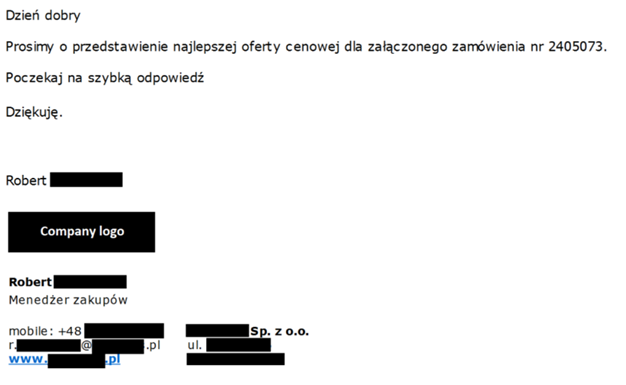 Wiadomość e-mail z&nbsp;ofertą biznesową wysłana do ofiary phishingu.